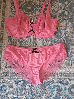 Cacique Lace Trim Pink Bra and Panty Set - Women's Intimates